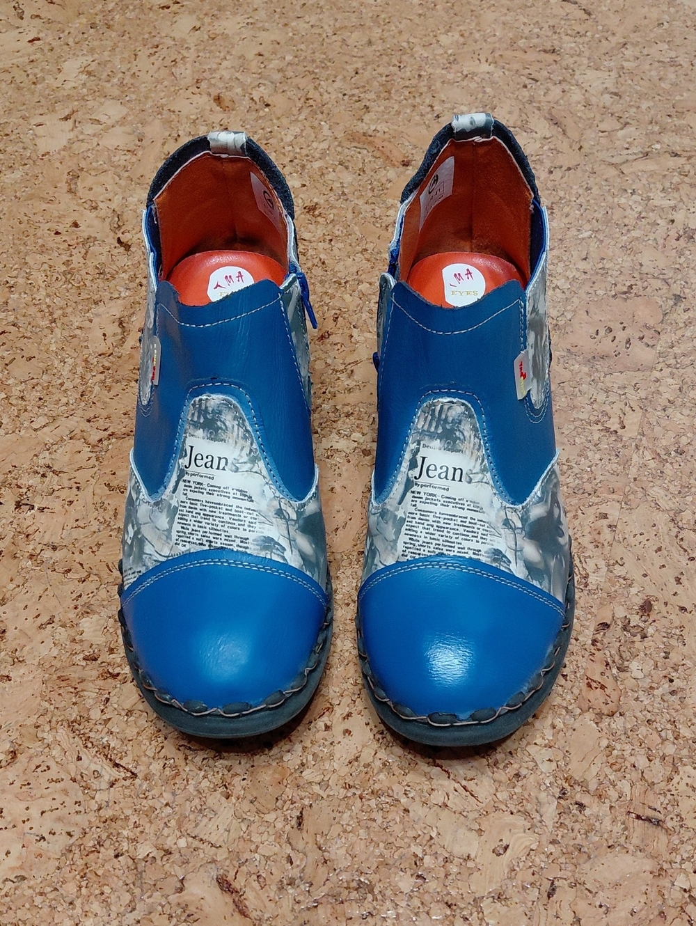 TMA Eyes Women's Denim Blue Leathet Newsprint Side Zip Booties Size 9.5